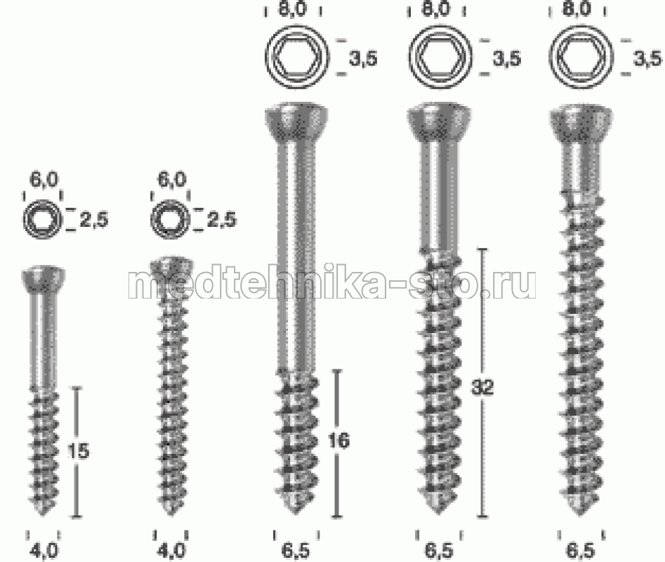 Винт спонгиозный р.ч. 32 мм, диам. 5,5/6,5/7/7,3 мм, дл.65/70 мм